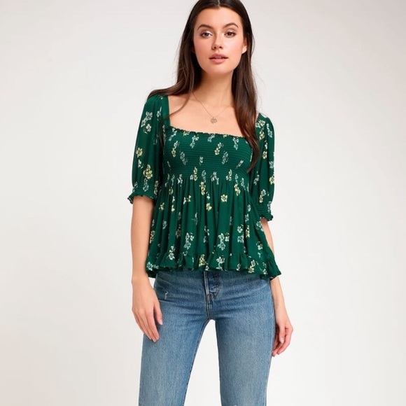 FREE PEOPLE Delta Dawn Emerald Green Floral Mesh Square Neck Smock Top Large - Picture 2 of 11